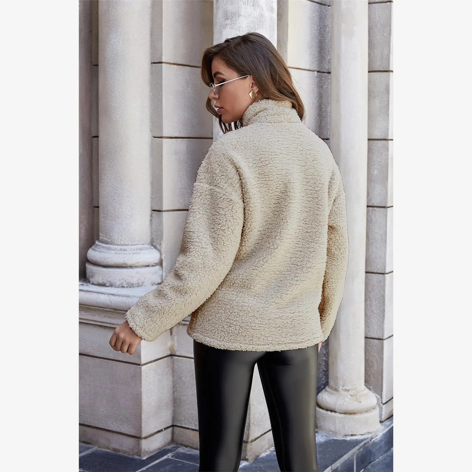 T-shirt à capuche avec fermeture éclair ample et longue, doux, mi-long, couleur Pure, col montant, vêtements confortables pour femmes