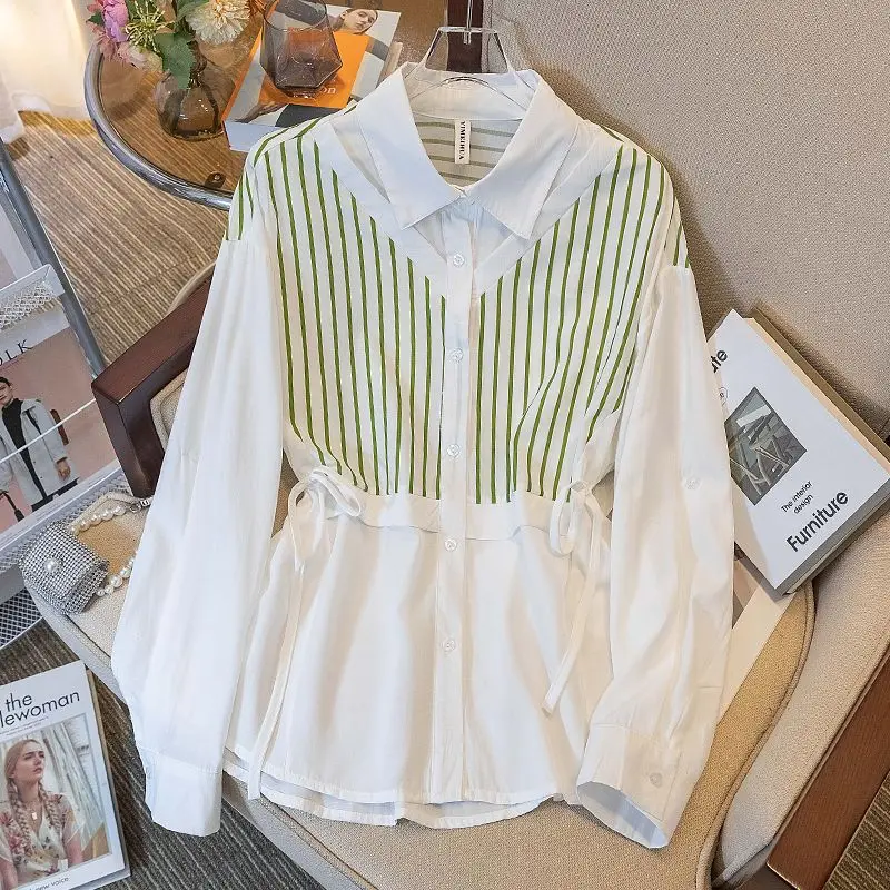 

Spring Autumn New Design Fake Two Piece Striped Shirt Stylish Versatile Top