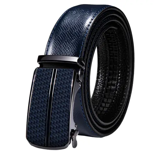 Imagen 2 del producto Cinturones de cuero de vaca azul para hombre, hebillas automáticas, cinturón de cintura de trinquete, vestido, Jeans, traje, pantalones, regalo, marca de alta calidad