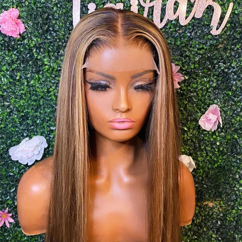 26 بوصة لينة تسليط الضوء على البني مستقيم 180 الكثافة طويلة الدانتيل شعر مستعار أمامي للنساء مع شعر الطفل قبل قطعها غلويليس مقاومة للحرارة