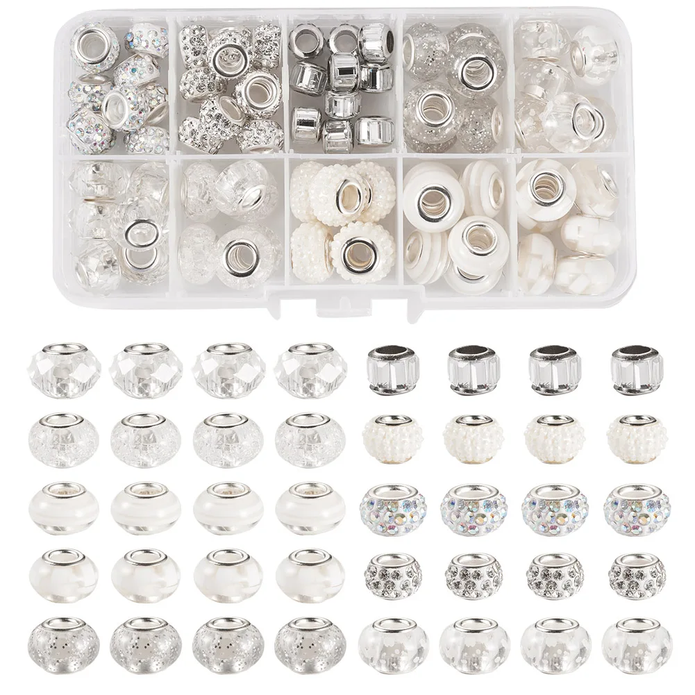 72Pcs European Large Hole Beads with Silver Plated Brass Double Cores for Women Charm Bracelet Jewelry Making Accessories