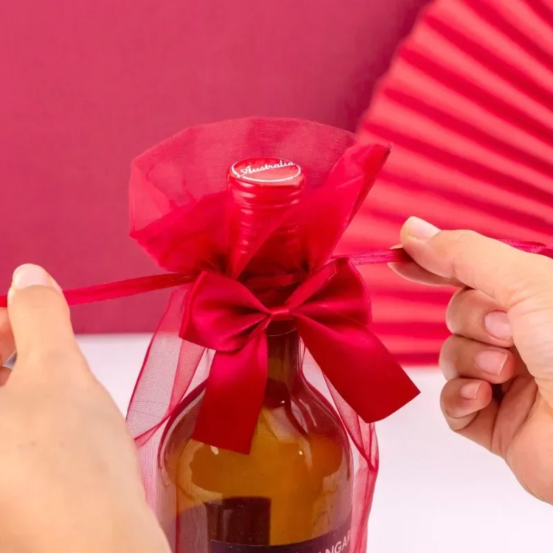 20Pcs 14x37cm Wine Organza Bag with Drawstring Champagne Red White Wine Bottle Holder Bags Wedding Party Decoration Gift Pouches