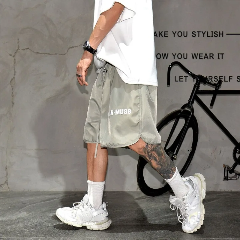 American High Street Loose Solid Drawstring Shorts Men's Trendy Summer Wide Leg Versatile Sports Fitness Short Pants Hip Hop