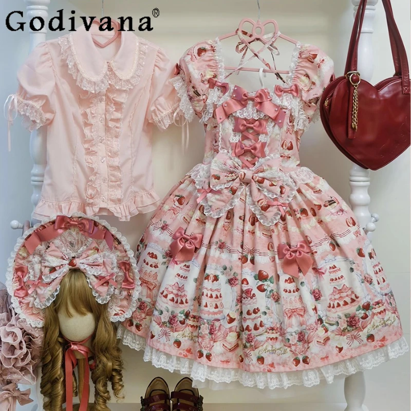 Japanese Girls Lolita Short Sleeve Dress OP Women's Cute Bow Strawberry Print Kawaii Birthday Dress Y2K Princess Dress Vestidos