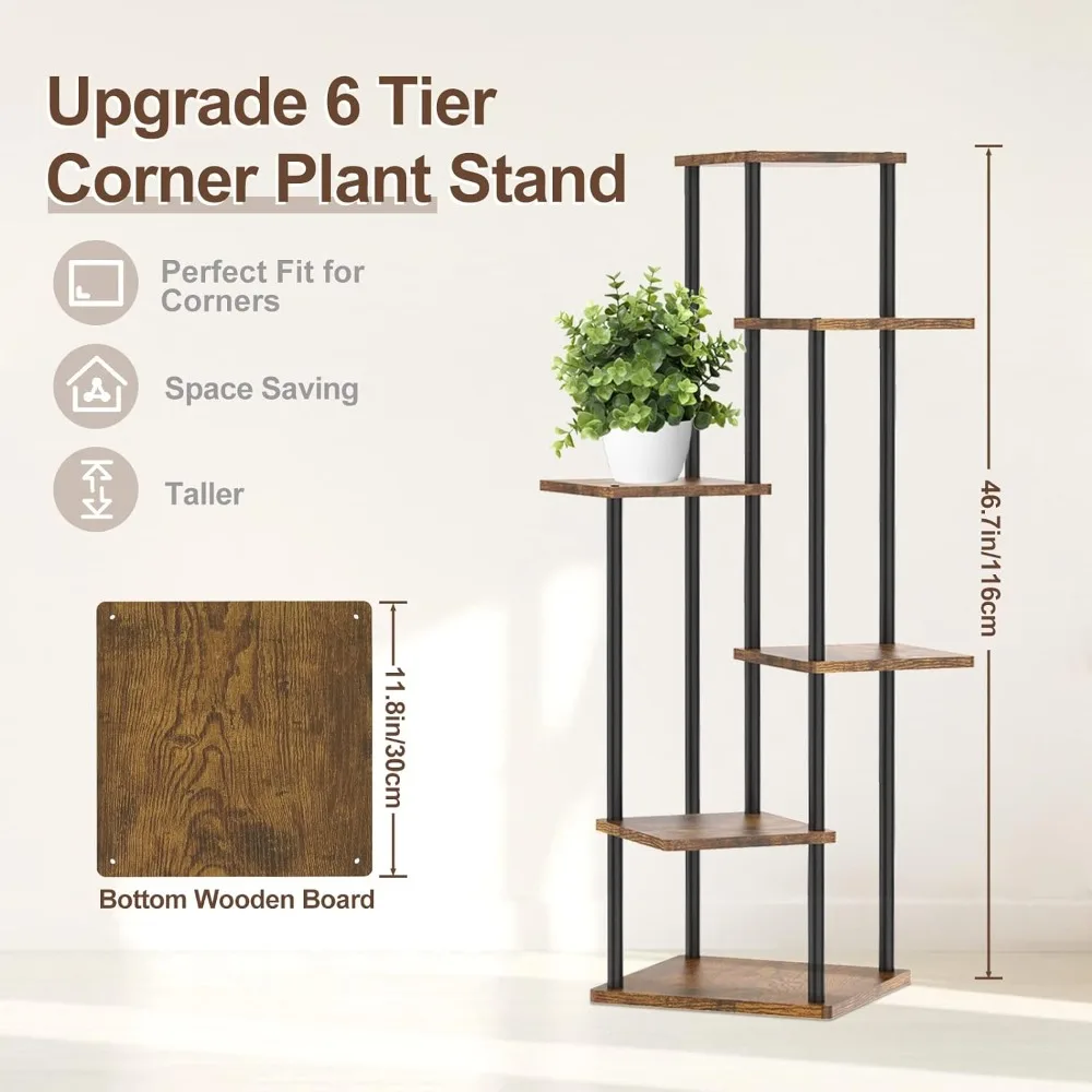 6 Tier Tall Corner Plant Stands Indoor, 45Inch Large Metal Wood Flower Pot Shelf, Tiered Plant Holder Display Rack, Flower Shelf