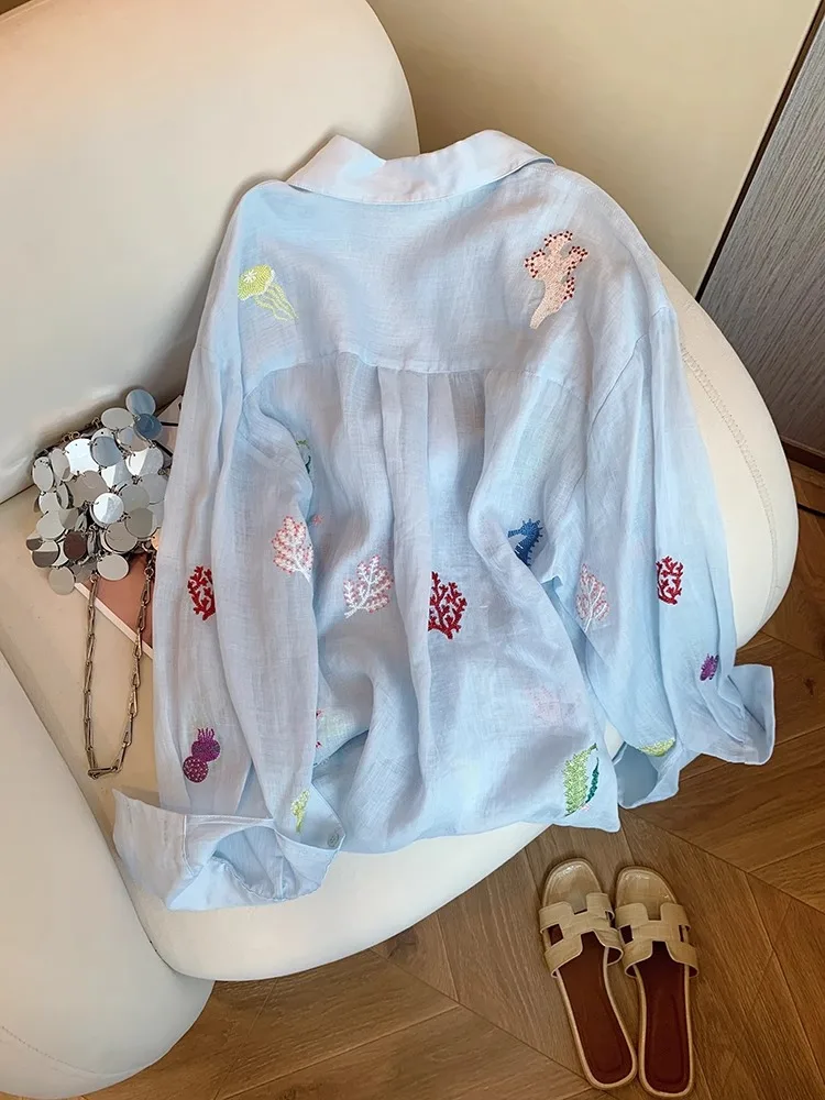 

Ele Blue Floral Embroidery Linen irt Slimming Sun Protection Women's High-End Design Summer Faion Casual Ne