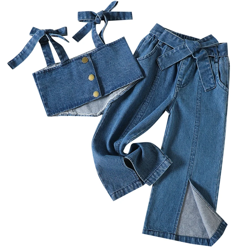 

2PCS Summer Baby Girl Clothes Korean Fashion Denim Bow Sleeveless Tops+Loose Pants Boutique Kids Clothing Children's Set BC1297