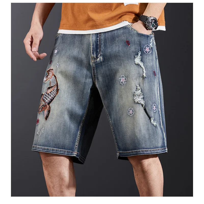 Chinese Style Koi Embroidered Denim Shorts Men's Ripped Trendy Retro Street Casual Fashion Personality plus Size Shorts