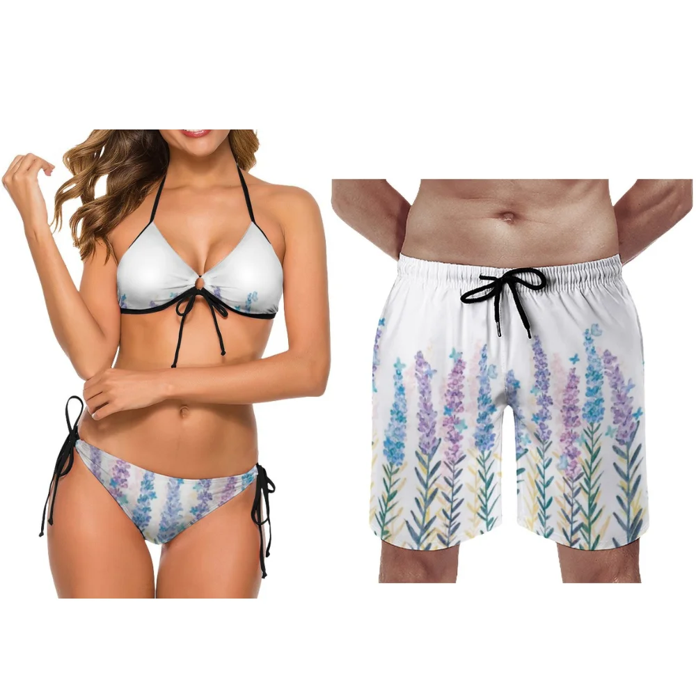 

Женские комплекты бикини, мужские пляжные брюки, летние пляжные наряды для пар с цветочным узором, женские комплекты бикини с индивидуальным рисунком