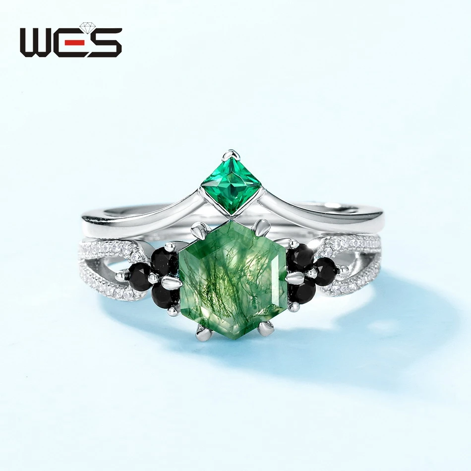 WES 925 Sterling Zilveren Ring Set voor Vrouw Ingelegd Unieke Natuurlijke Mos Agaat 8 * 8mm Huwelijksgeschenken Gecertificeerde Dropshipping Sieraden