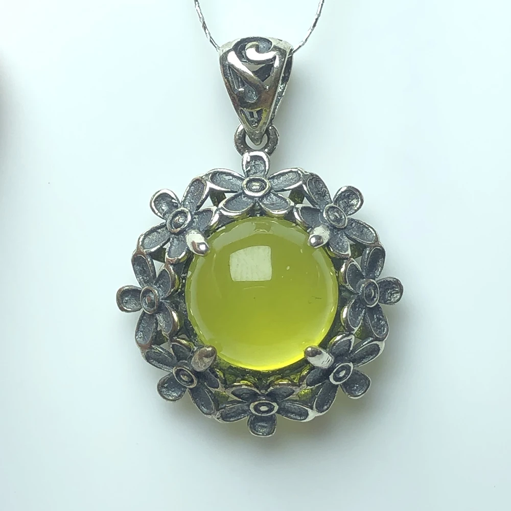 Natural yellow prehnite silver 925 pendant,13mm 8.7ct round cut gemstone with flowers Vintage carving style fine jewelry