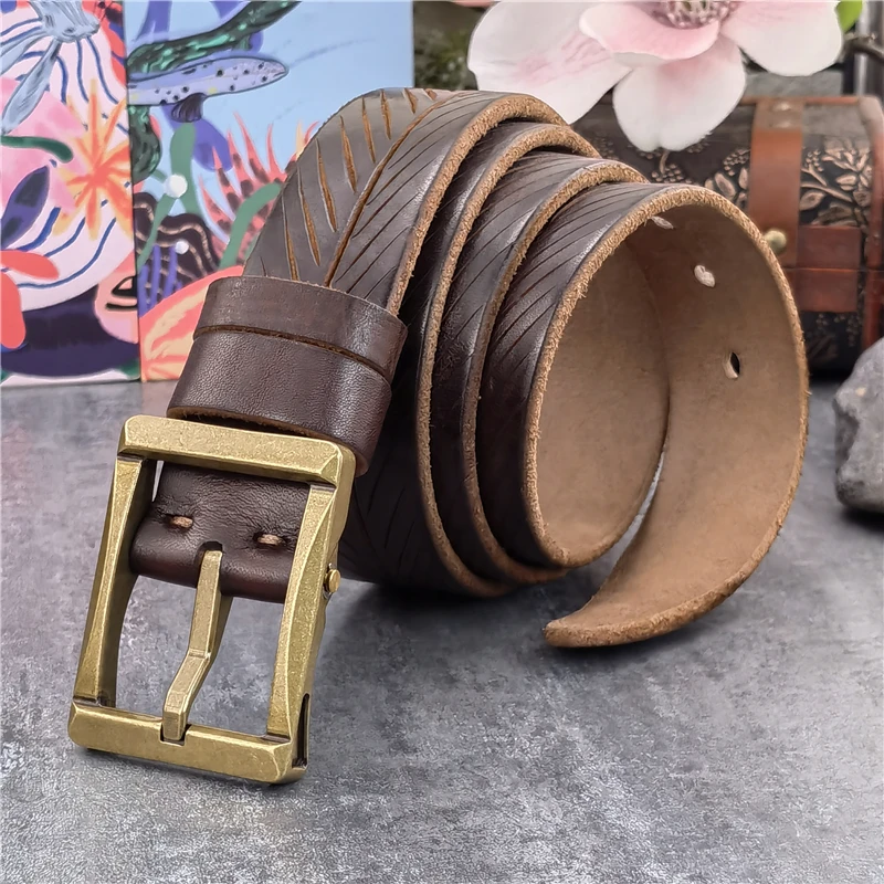 Retro Heavy Brass Belt Buckle Hand Carved Genuine Leather Belt For Men Designer Luxury  Mens Belt Leather Belt Male MBT0620