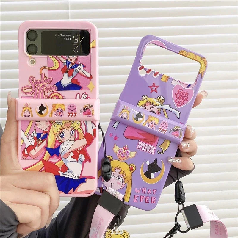 Cute Japan Anime Sailor Moon Luna Cat Phone Case For Samsung Galaxy Z Flip 6 5 Soft TPU Cover For Z Flip 3 4 With Lanyard