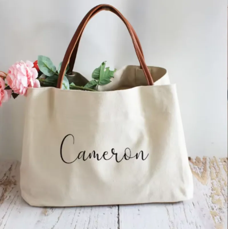 Custom Name Canvas Bag Women's Large Capacity Handbag Bridesmaid Wedding Gift Shoulder Shopping Bag Personalized Simple Tote Bag