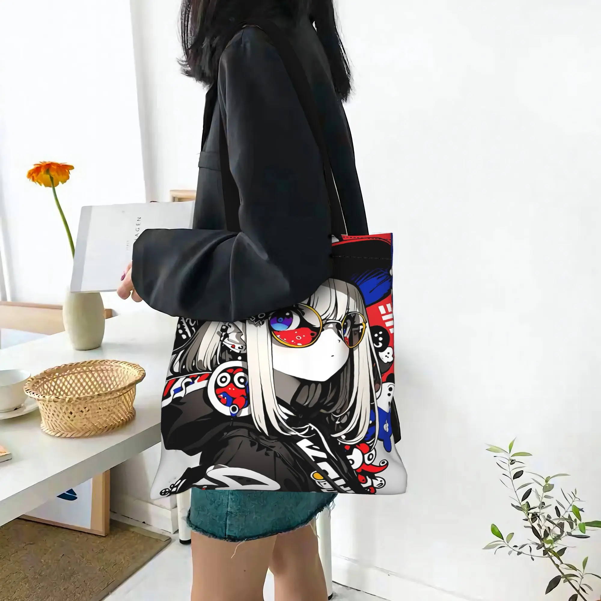 

Женская сумка 2026: Крутая сумка-тоут из холщовой ткани с аниме-персонажами, двусторонняя, многоразовая, на плечо/в руку