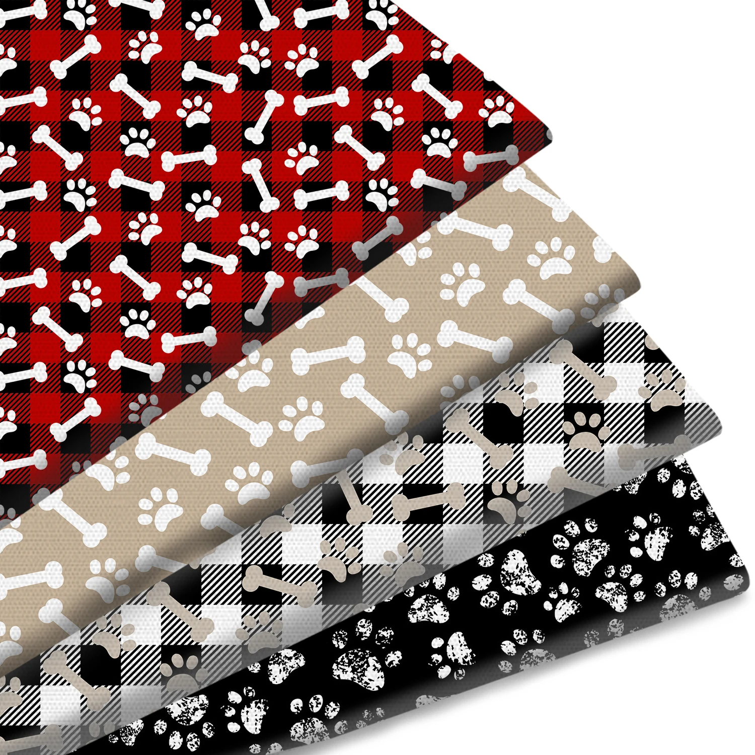 Pre-cut 4pcs/set Dog Footprint Polyester Fabric Bundle,17.71x19.68inch Precut Fabric, Dog Foot,Bone,Plaid Designs Printed