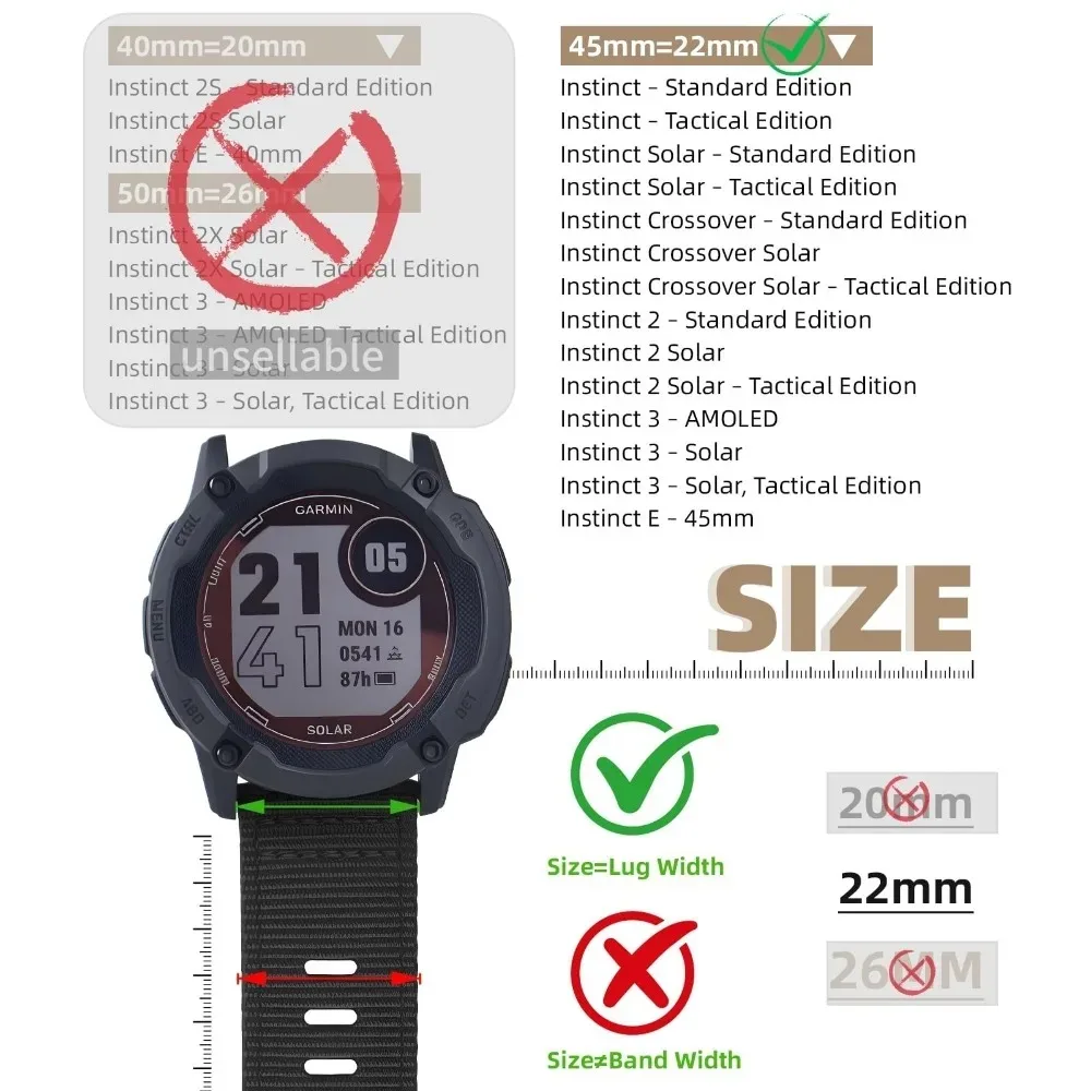22mm Nylon Sport Band for Garmin Instinct 3 Nylon Strap with Reinforced Thick Spring Bars for Garmin Instinct 2 Solar Tactical