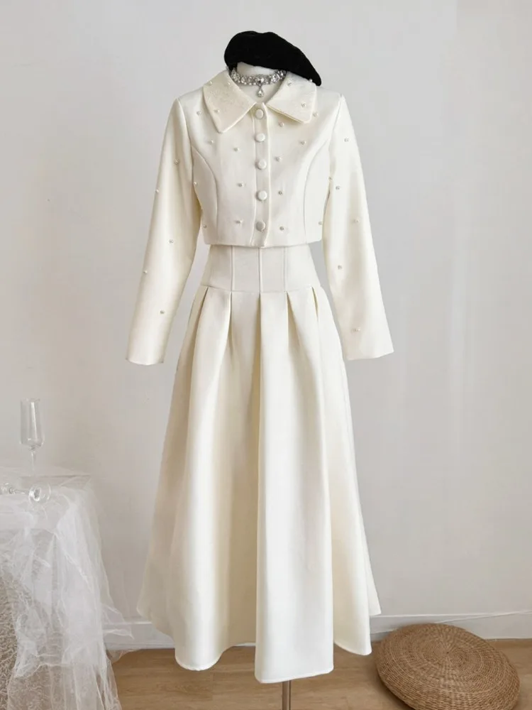

High Quality French Luxury Suit Lady Elegant Pearls Short Coat + Pleated Long Skirt Sets Women's Autumn New Slim Two-Piece Set