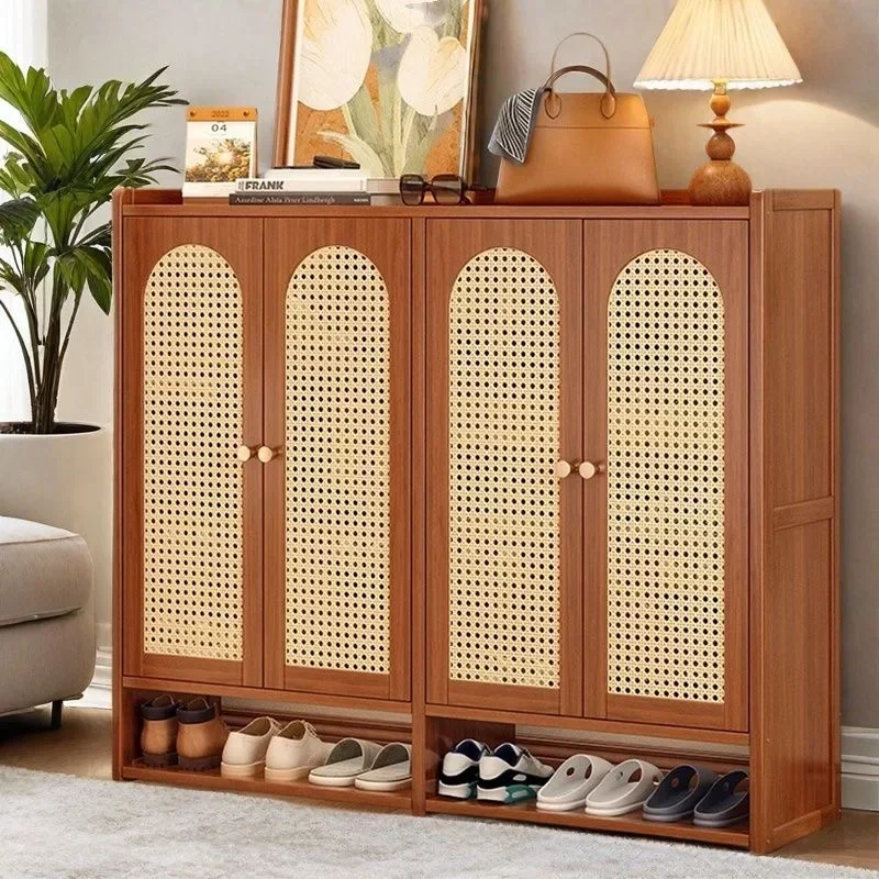 Rattan Bamboo Shoe Cabinet with Doors Modern Storage Organizer  Shoe Rack for Entryway Hallway Bedroom Multi-Tier Closed