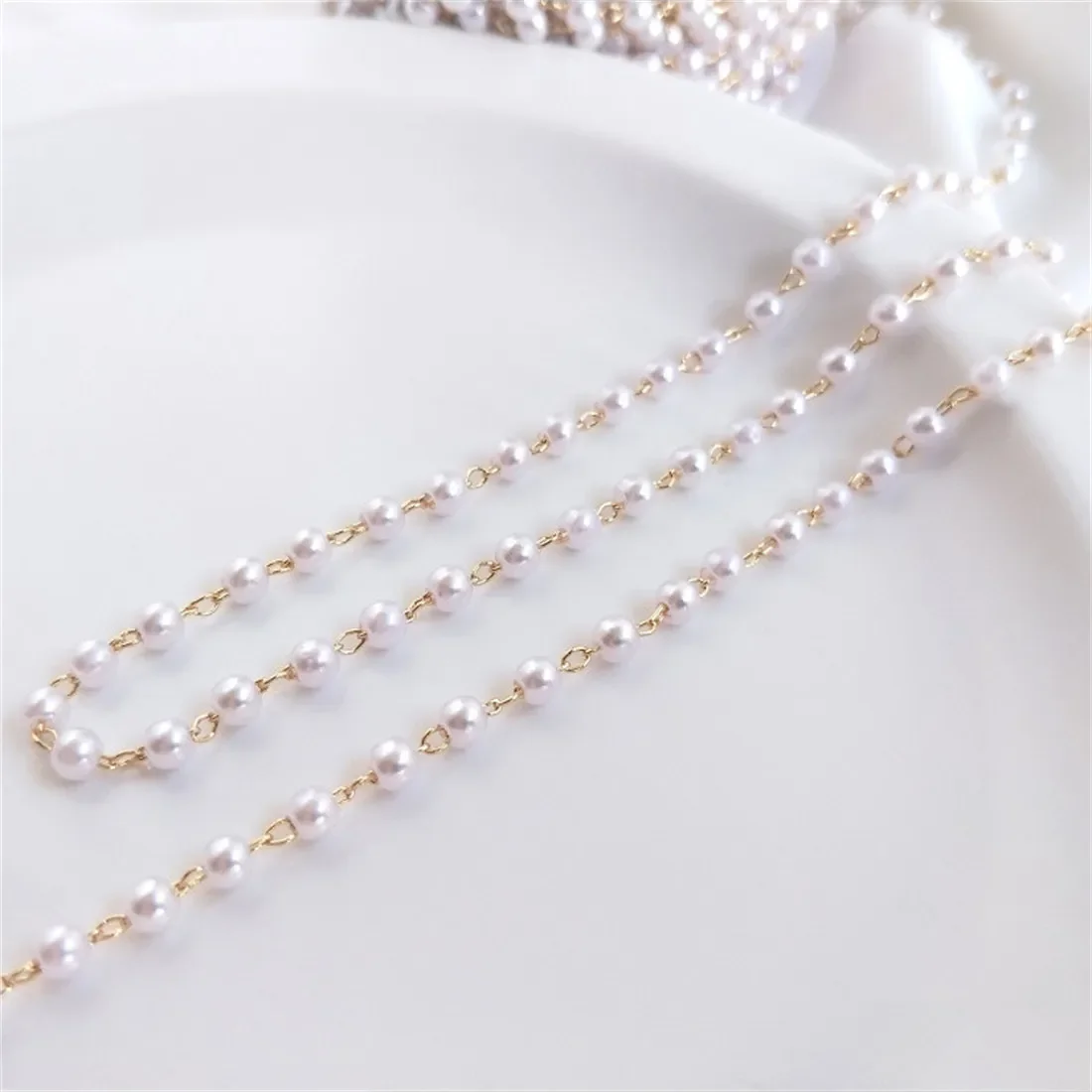 

14K Gold-Color Chain Imitation Pearl Chain Handmade DIY Bracelet Clavicle Necklace Jewelry Material Loose Chain Accessories