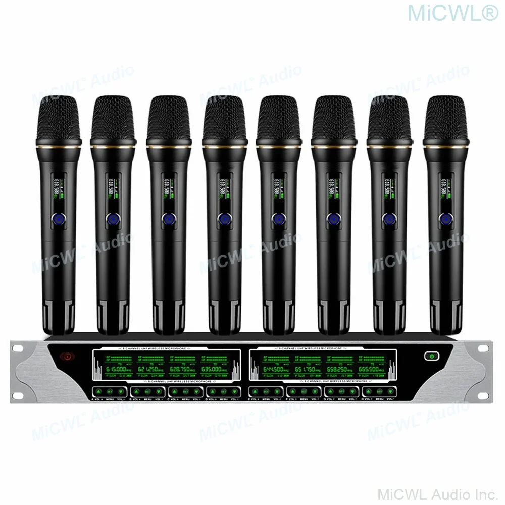 

MiCWL Высокое качество сценическое караоке 8 ручной беспроводной микрофон 400 канала 8 гусиная шея 4 серебряная микрофонная система