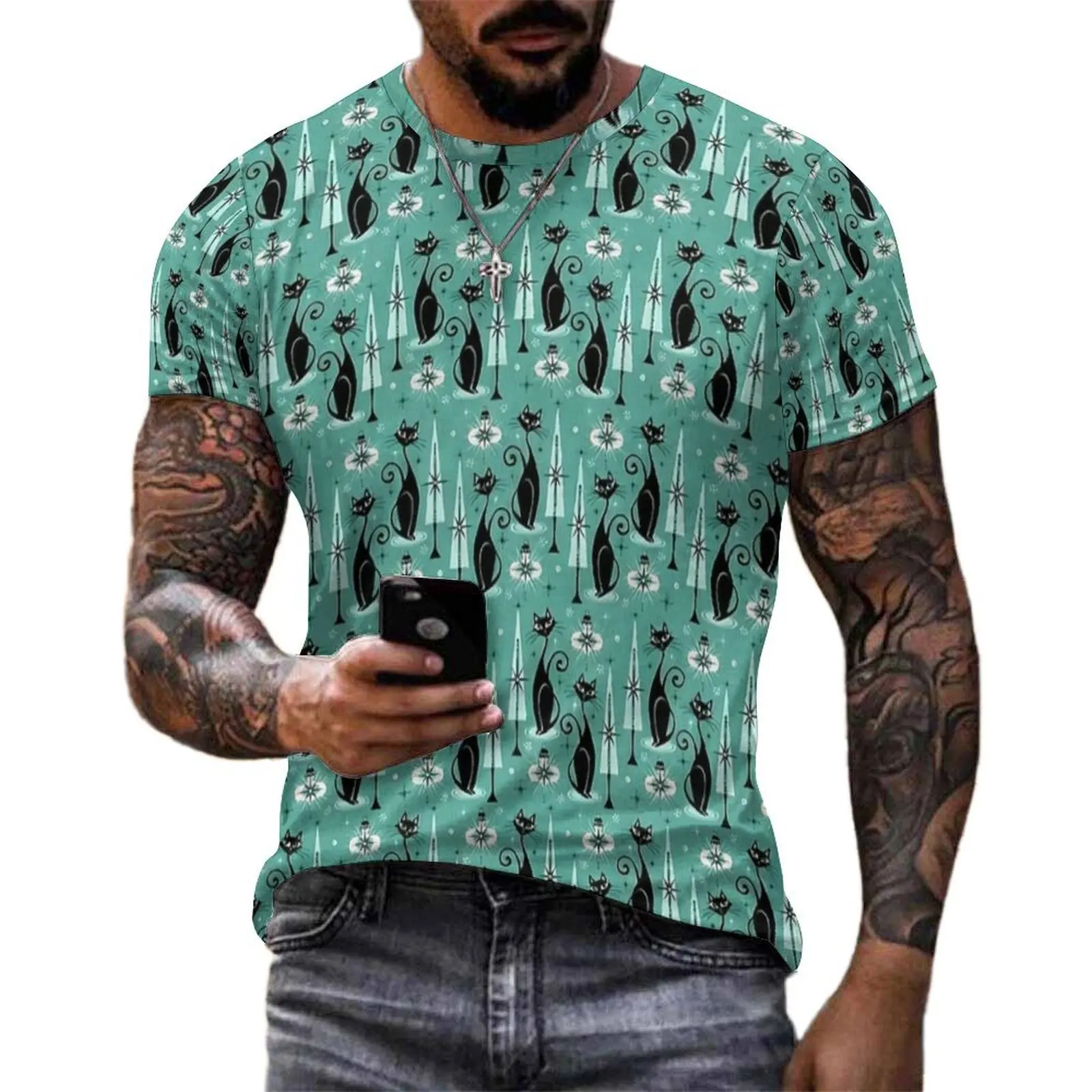 Mid Century Meow Atomic Kitty Christmas T Shirt For Men O Neck T Shirts Summer Tops Short Sleeve Awesome Oversized Tee Shirt