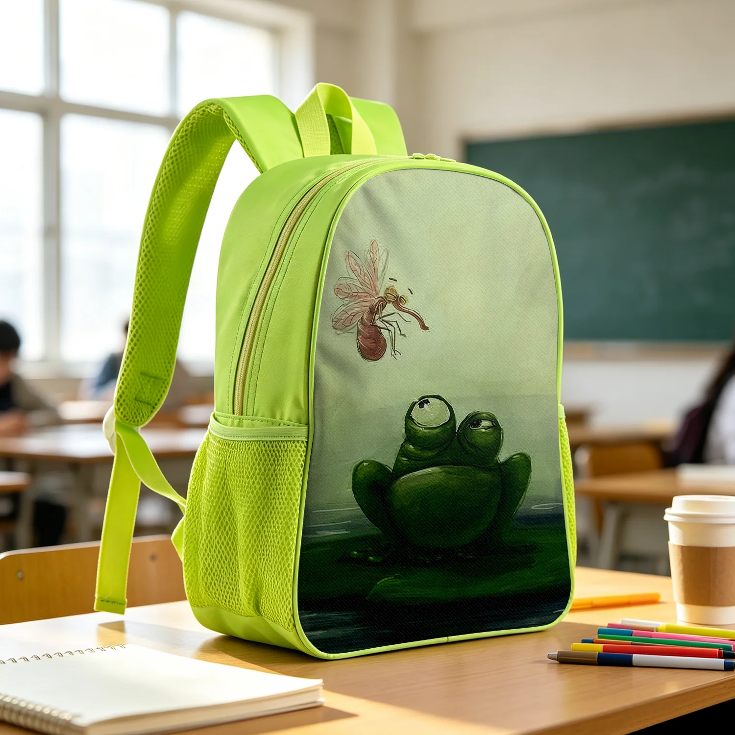 Funny Green Frog Backpack Lightweight School Bookbag with Mosquito Insect Lotus Water Print Adjustable Padded Straps
