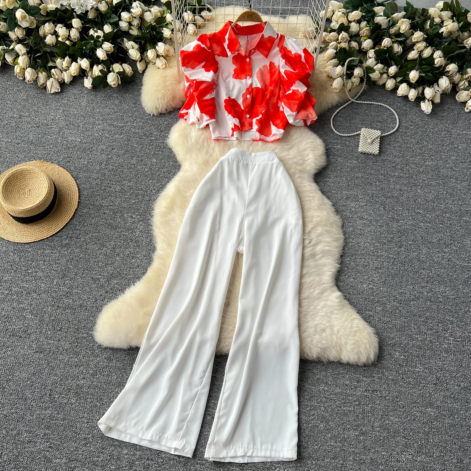 Women Two Pieces  Sets Chic Turn-down Collar print Petal Sleeve and Fashion Hotsweet High Waist Wide Leg  Pant Sets