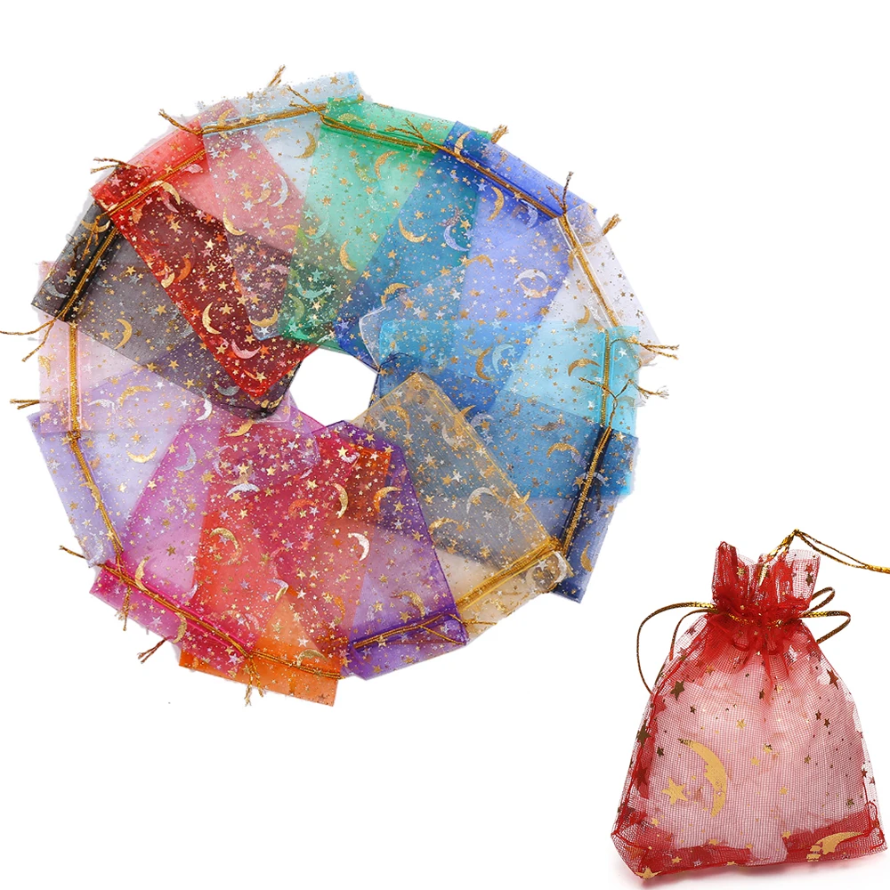 50pcs/Lot 7x9 9x12 10x15 13x18cm Printing Star Moon Christmas Organza Sack Drawstring Charm Packaging Bags Daily Jewelry Making