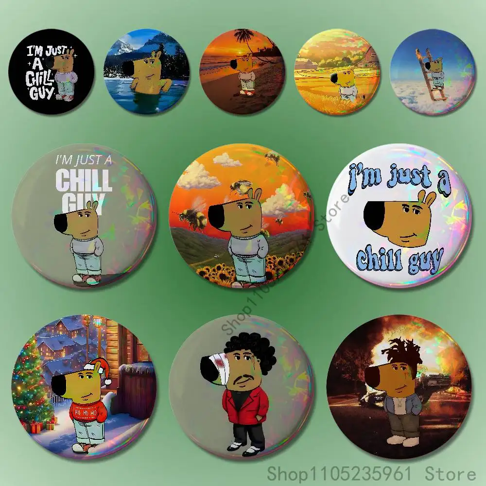 

Chill Guy 58mm 44mm HD Print Brooch Badges Pretty Derby Round Display Brooches Lapel Pins Custom