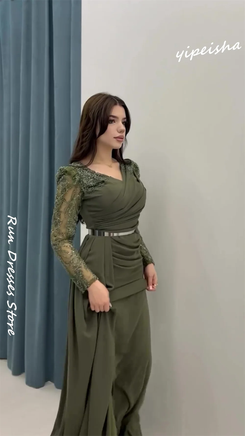 Customized Evening Jersey Sequined Beading Ruched Beach A-line V-neck Bespoke Occasion Gown Long Dresses Sexy Casual