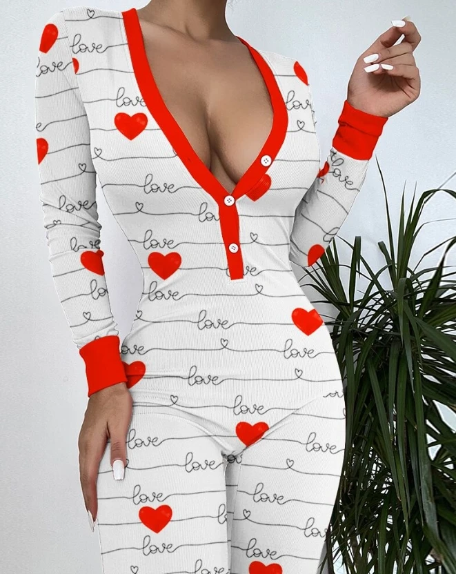 Hot Selling Women 2024 Spring Summer Jumpsuit V-Neck Long Sleeve Heart Letter Print Functional Buttoned Flap Sleep Home Onesie