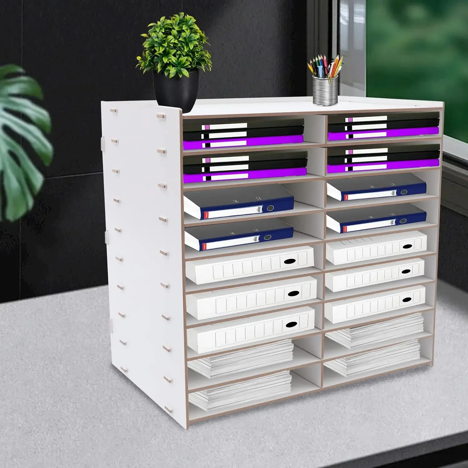 9-Tier File Fold Holder Rack Office Paper Organizer Magazine Storage Book Shelf Wood Desktop File Organizer Document 18 Grids