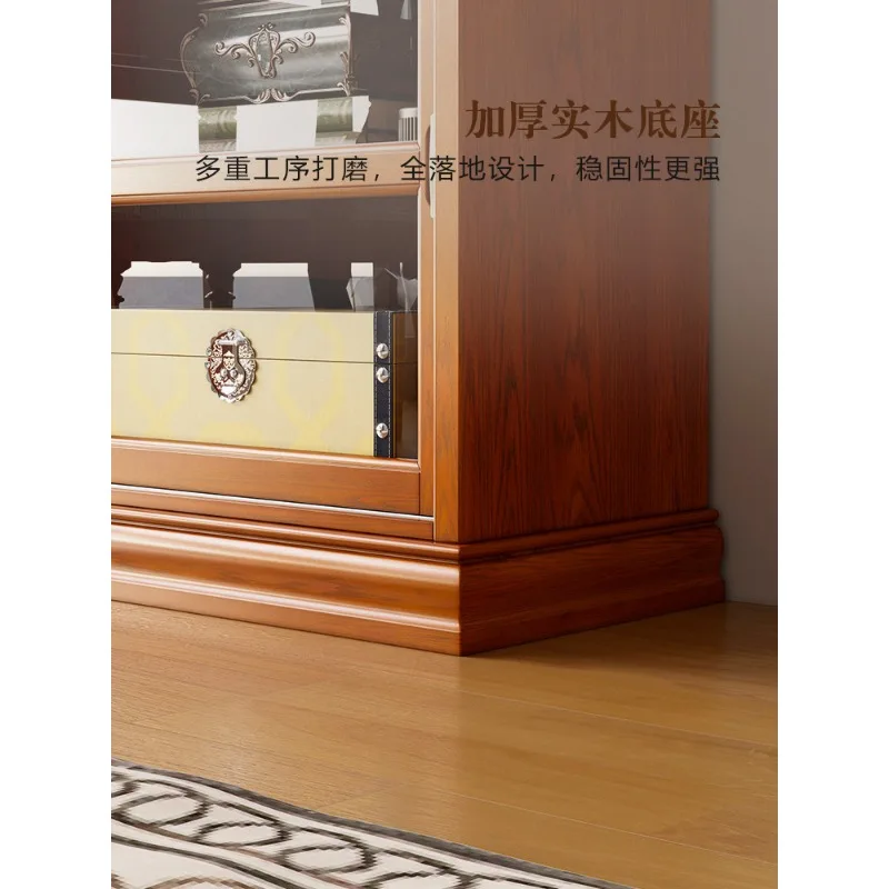 American solid wood bookcase with glass door dust-proof household retro display cabinet living room floor sliding door bookshelf - view 3