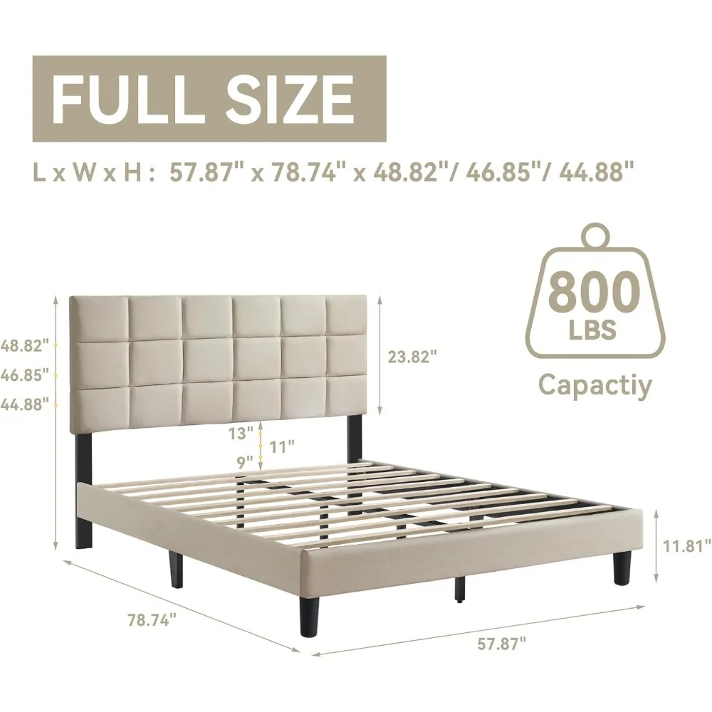 Cabeceira estofada de linho, estrutura de cama de tamanho completo com suporte de ripas de madeira para fácil montagem e sono silencioso