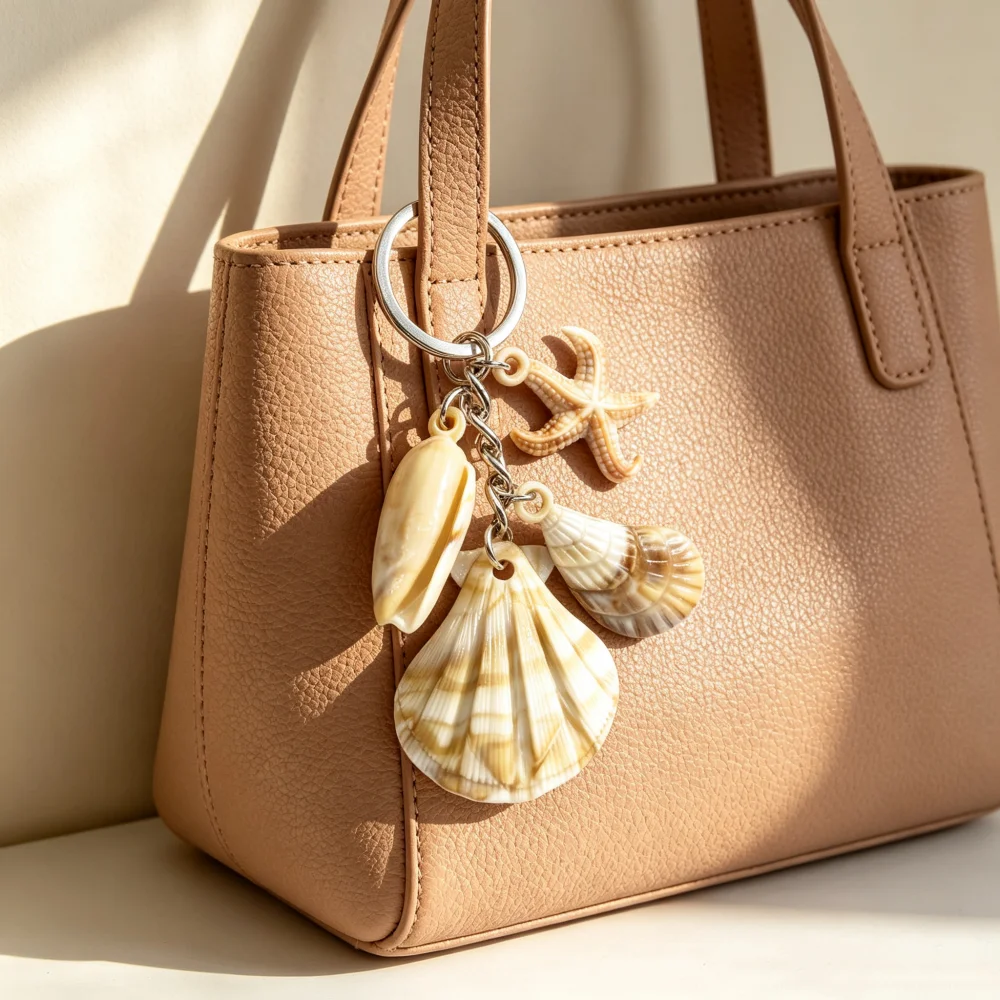 1 Stück Schlüsselanhänger im Meeresstil mit Muschel-, Muschelschale- und Seestern-Motiv für Damenhandtaschen, Dekoratives Geschenk