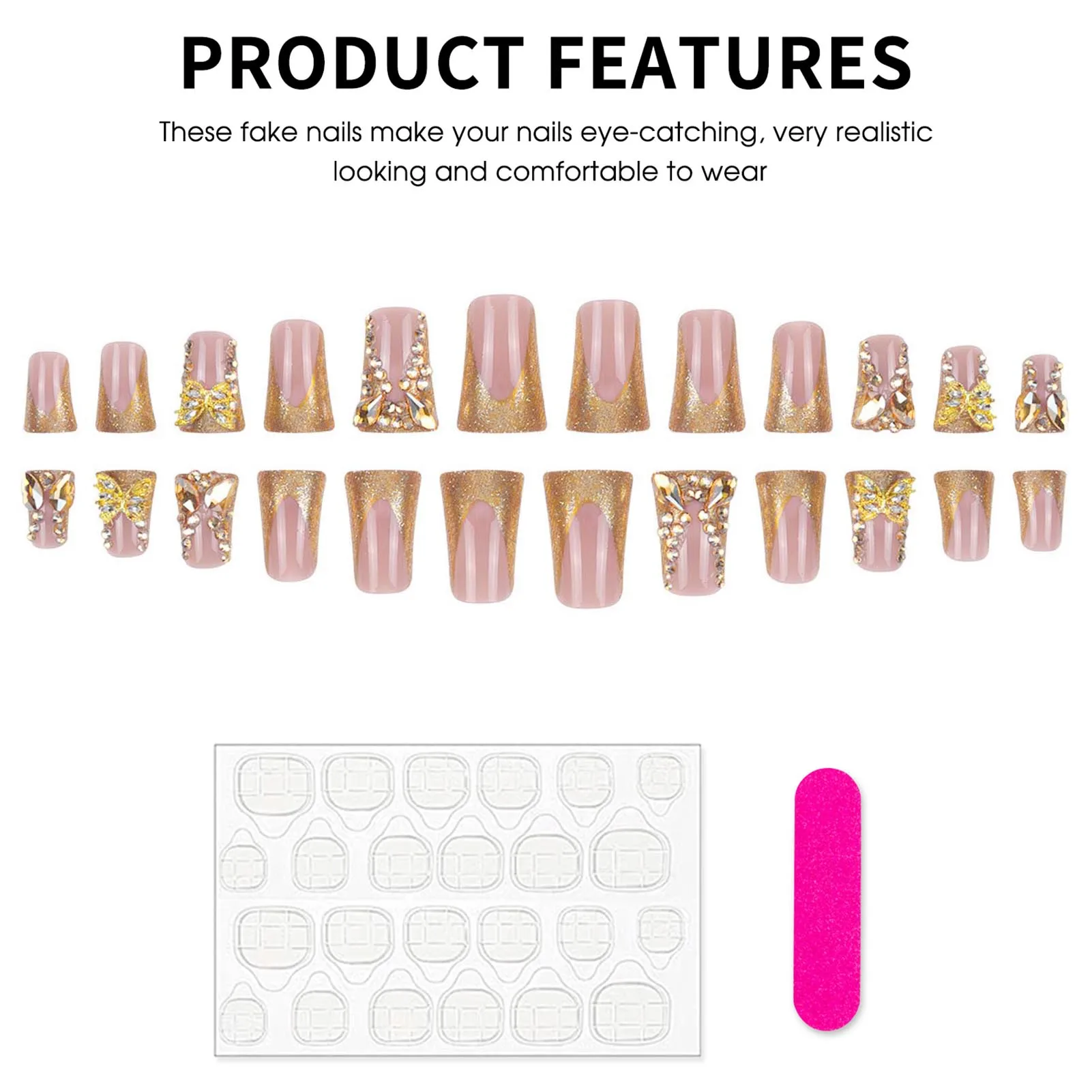 24pcs Light Luxury Press On Nails Shiny Gold French Style Duckbill False Nails Full Flash Diamond Butterfly Decor Fake Nail Tips image 4