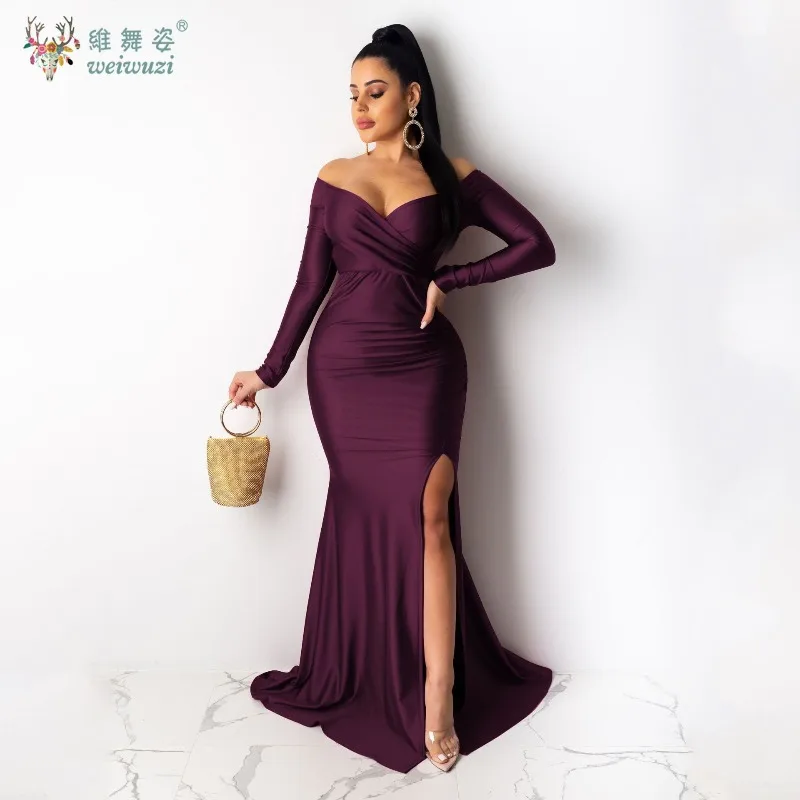 가을 오프숄더 V넥 롱 슬리브 하이 사이드 이브닝 드레스 타이트핏 사이드 슬릿 새틴 머메이드 나이트 클럽 볼 가운