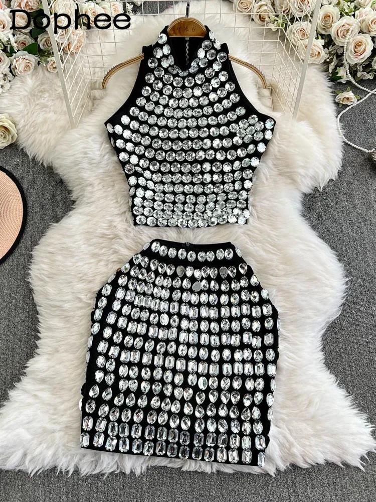 Sparkling Diamond Skirt High Waist and Sexy Hip Skirt Two-piece Suit Women Outfits Stand-up Collar Slim Vest Top Autumn New