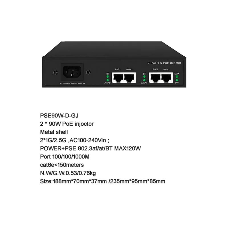 حاقن POE أنيق 90 وات ثنائي المنفذ 2.5 جيجا 110-240 فولت تيار متردد إلى 50-55 فولت مخرج نشط يدعم معايير 802.3At/Af/Bt