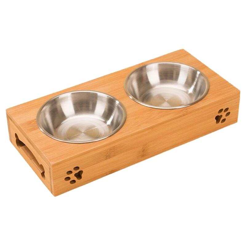 KX4B Elevated Dog Bowl Bamboo Feeder Dog Dishes with 2 Stainless Steel Bowls Help the Stomach Digest the Gift for Pet D