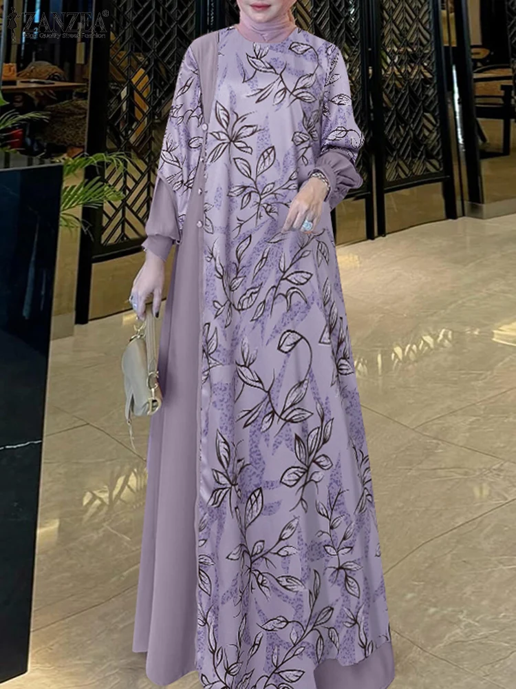 ZANZEA-Robe Abaya à Manches sulfpour Femme Musulmane, Hijab, Col Rond, Panneau Floral, Kaftan, Décontractée, Maxi, Automne 2024