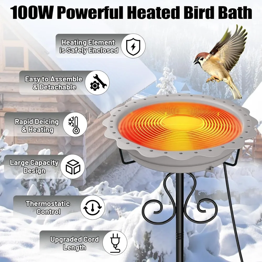 Bagno per uccelli riscaldato da 100 W per l'inverno all'aperto con controllo del termostato, base a 5 poli, ciotola grigia
