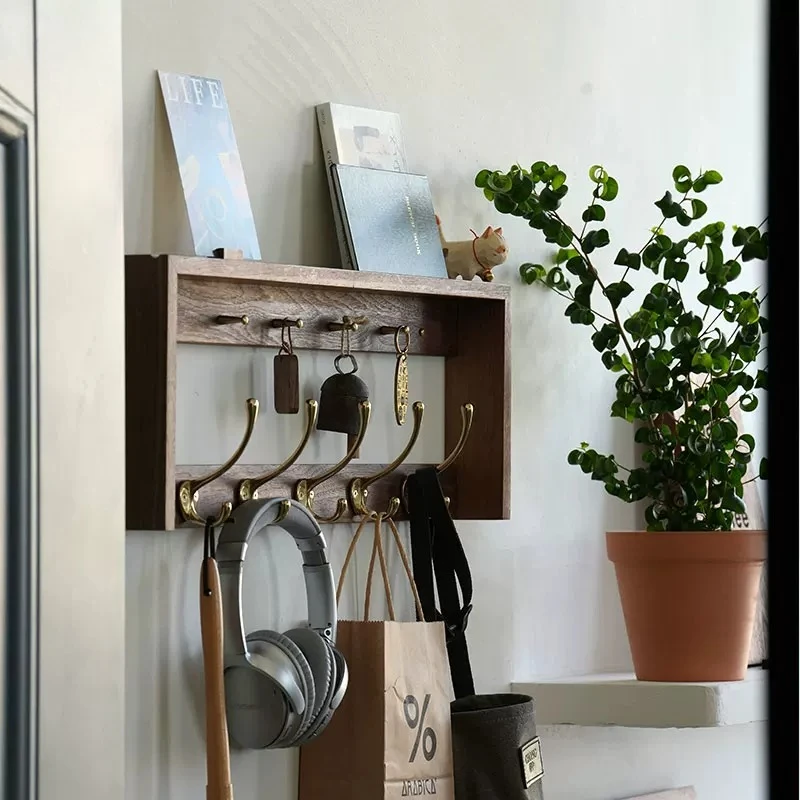 Walnut Wood Wall Coat Rack Entryway Hanger Hook Organizer Decorative Key Holder Multifunctional Home Hallway Storage Shelf
