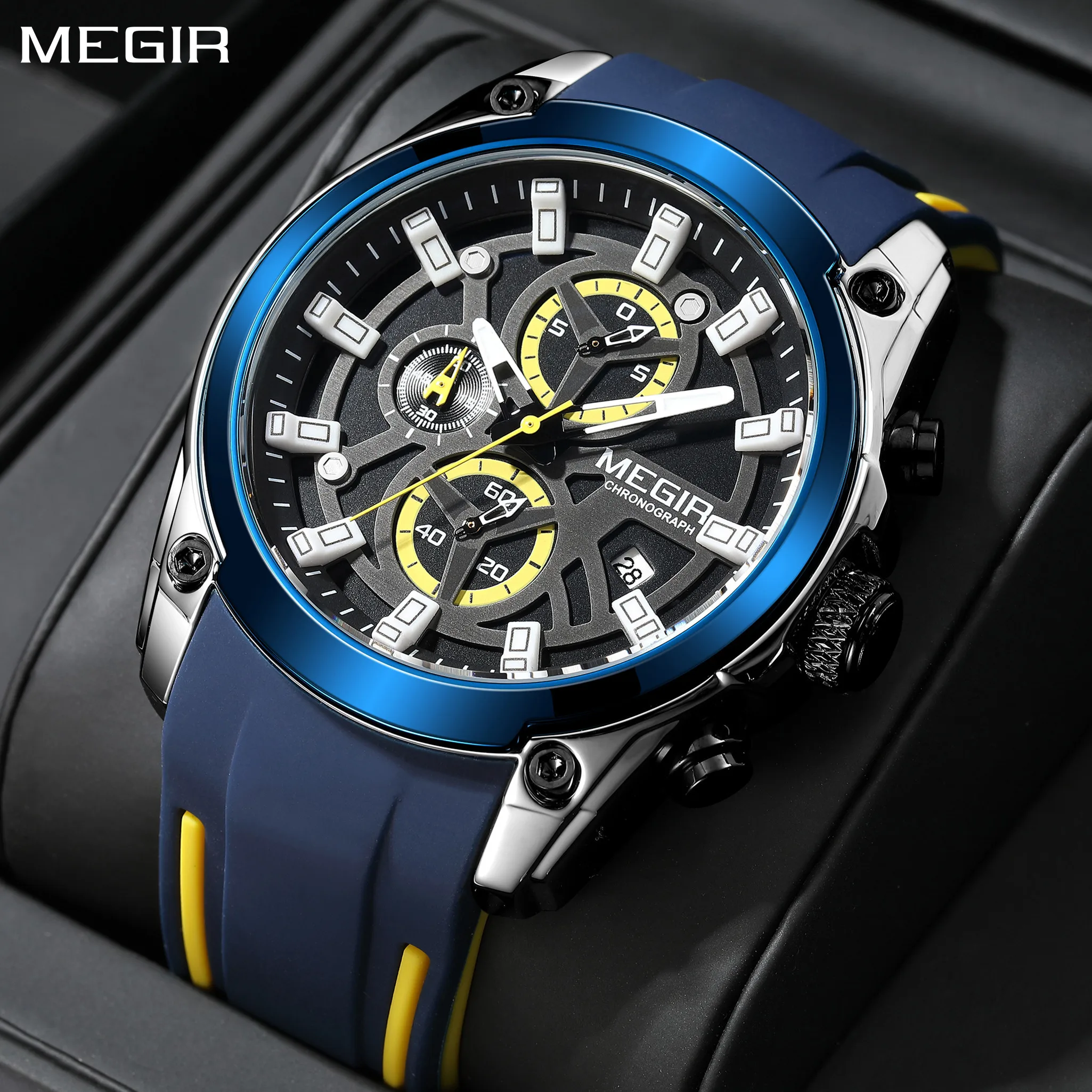 MEGIR Original Blue Sport Watch for Men Luxury Chronograph Wristwatch Military Quartz Clock Luminous Big Dial Reloj Hombre 2144