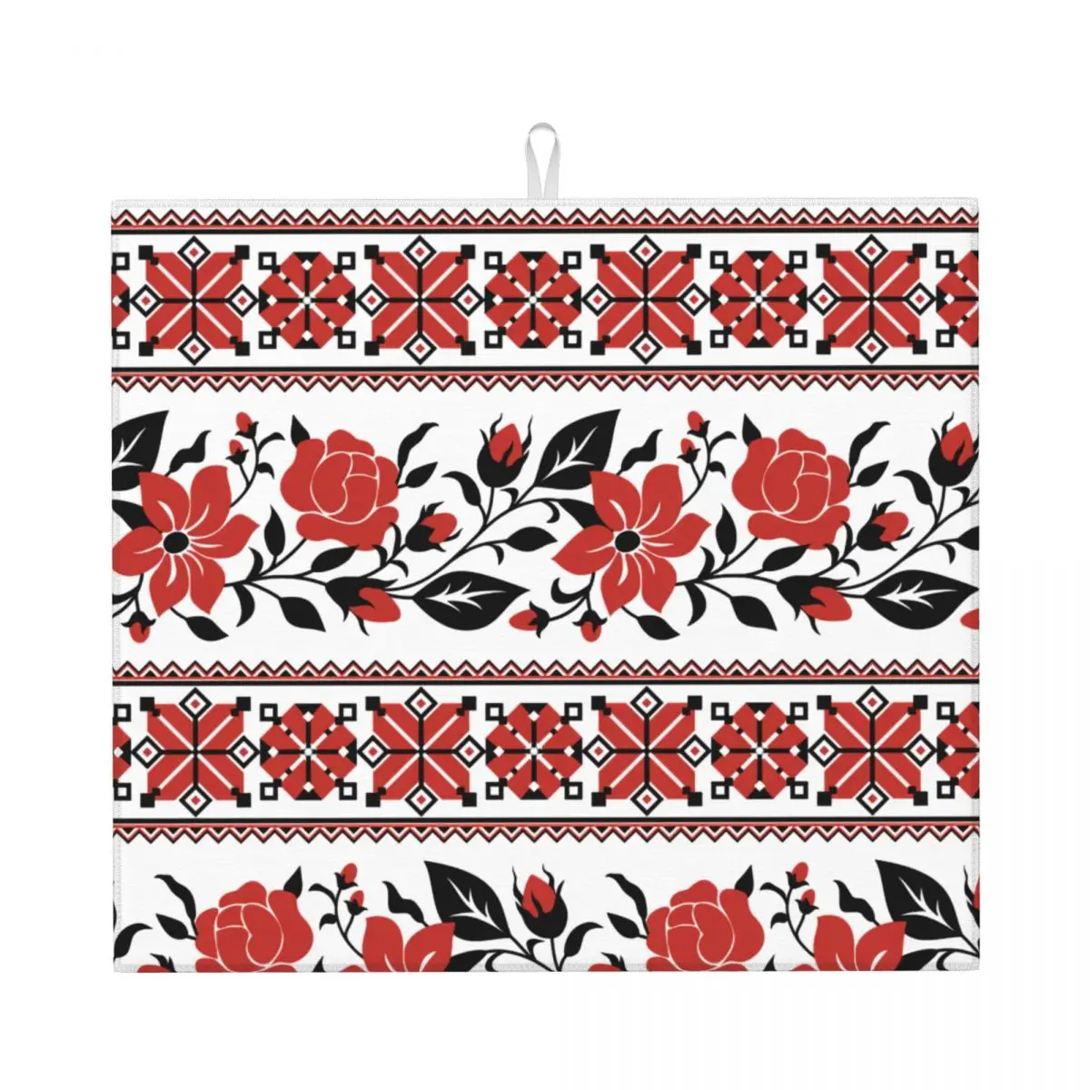 Custom Print With Red Rose And Mallow Ukrainian Traditional Embroidery Dish Drying Mats for Kitchen Dry Vyshyvanka Microfiber