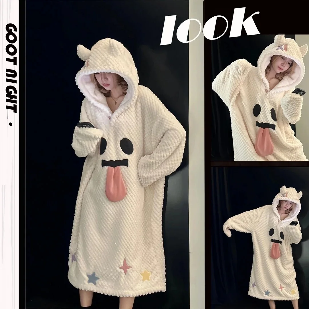 かわいいゴーストフェイスぬいぐるみパジャマセット女性男性冬フリース肥厚暖かいコーラルフリースローブ部屋着