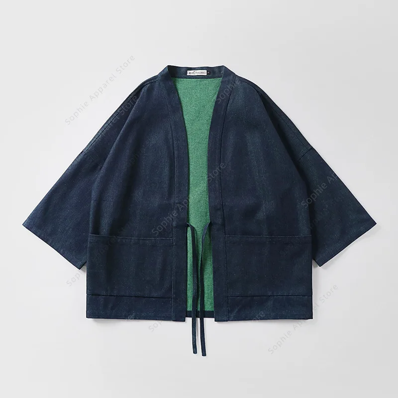 

Reversible Japanese Kimono Men Denim Haori Jacket Plus Size Double Sided Wear Noragi Vintage Indigo Dye Loose Coat