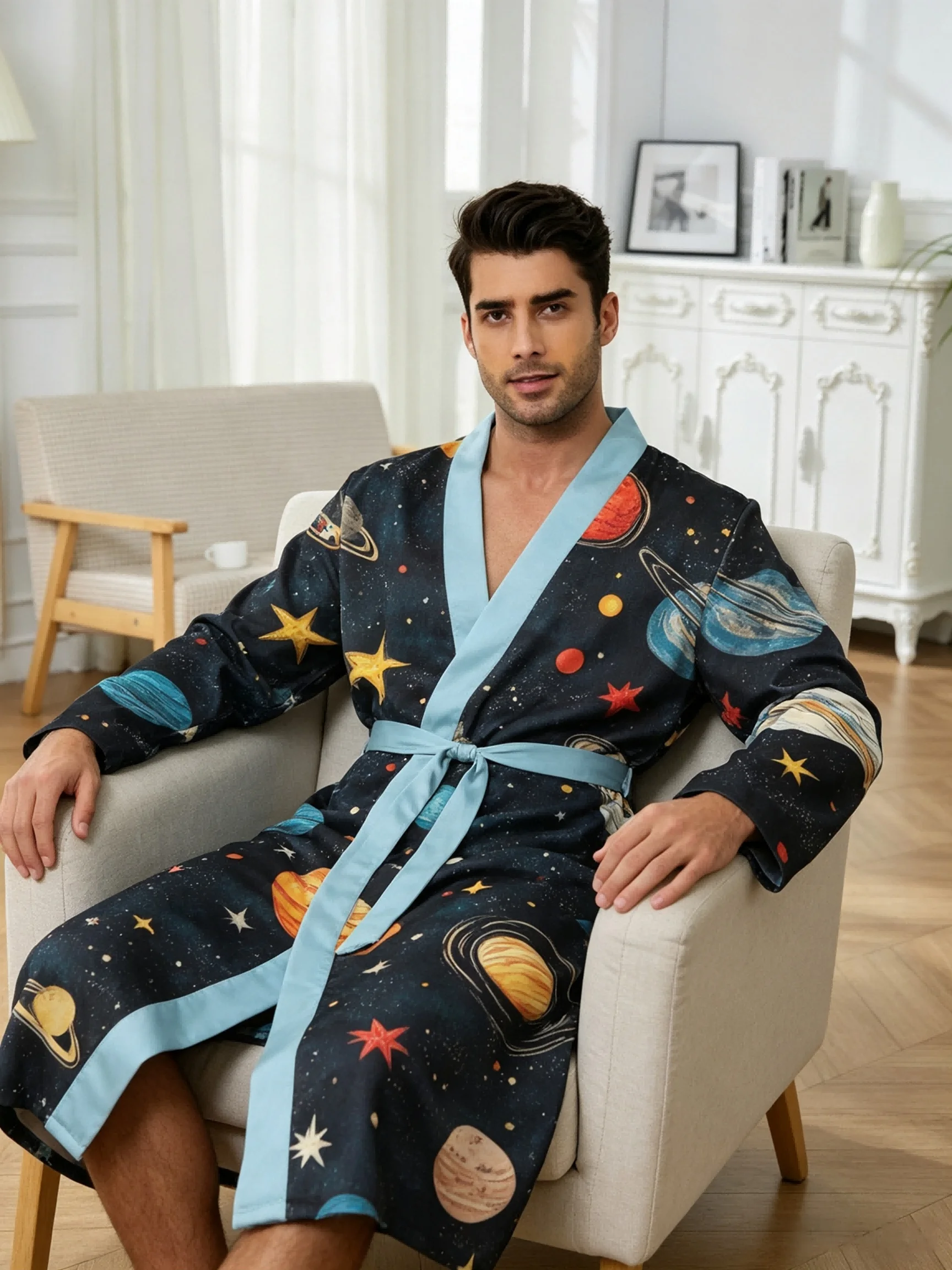 Men's lightweight quick-drying pajama bathrobe - 3D digital printing, non-fading design, stand-up collar and adjustable waistban