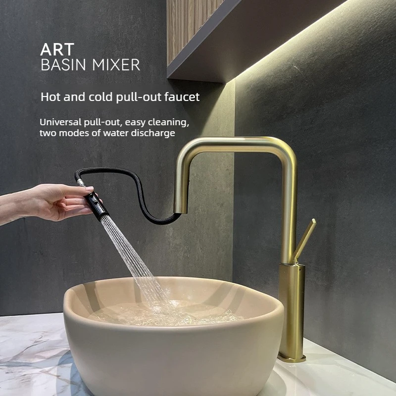 Rattled gold washbasin, hot and cold household pull-out faucet for bathroom and toilet.